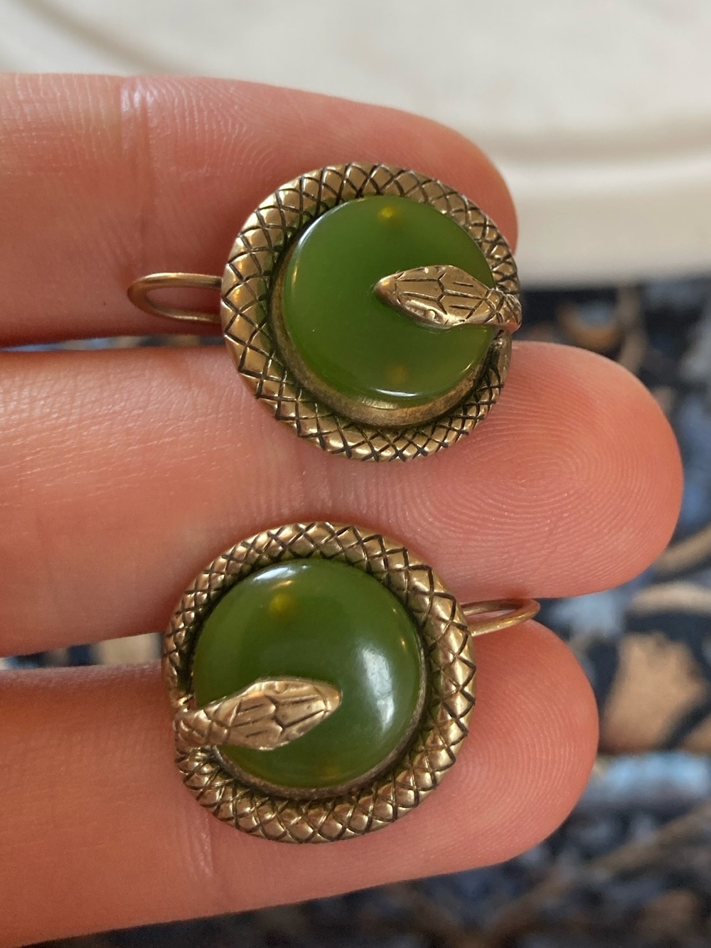Antique Art Deco Snake Coiled Faux Jade Screwback Earrings - Picture 5 of 9